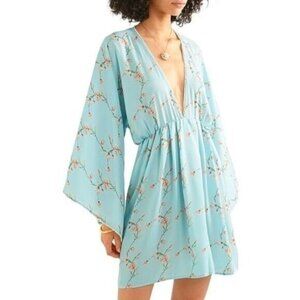 Celia Dragouni Floral Print Satin Kimono Mini Dress Aqua Size M